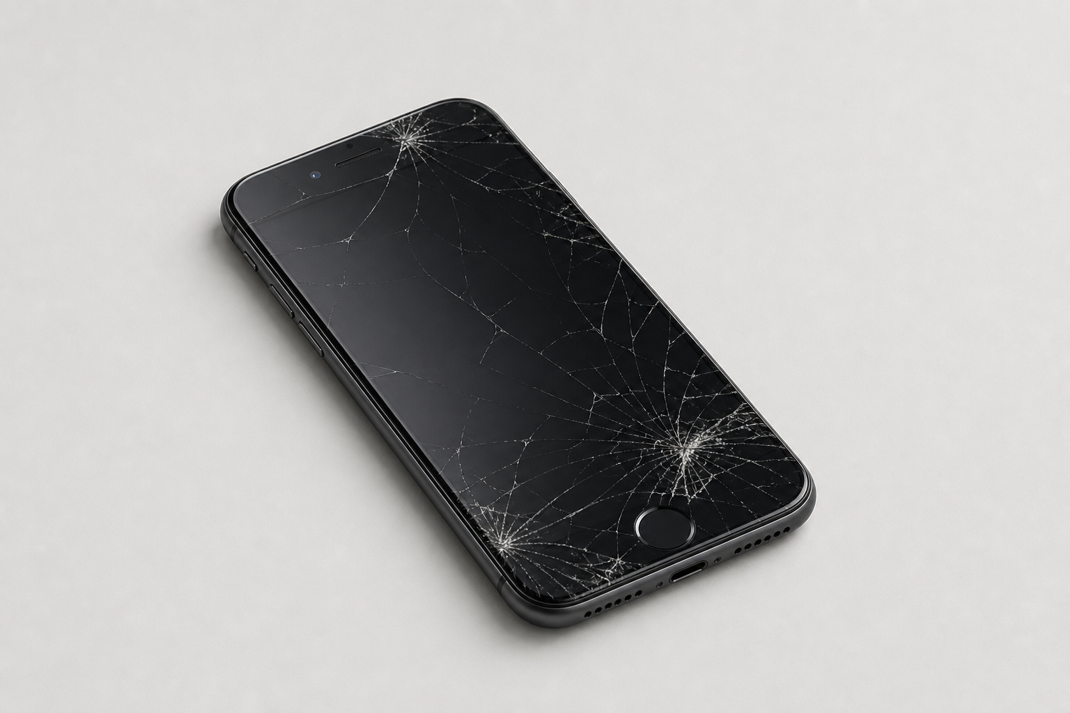 Complete iPhone with a cracked screen ready for repair